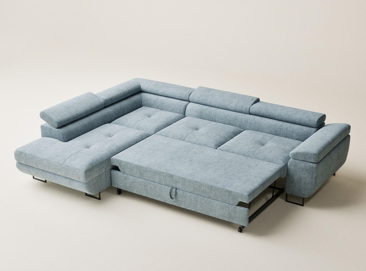 ECKSOFA Concord Hellblau Chenille-Stoff - Links Seite - Schwarz/Hellblau, Holz/Holzwerkstoff (203/277cm) - Maison de Reve