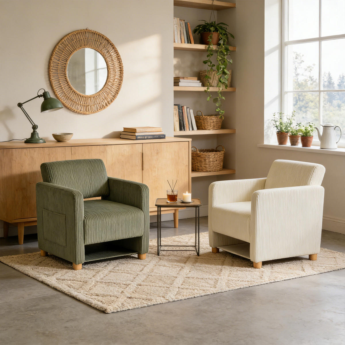 SESSEL, 2er-Set, mit Armlehnen, Cordbezug und Massivholzfüßen, Beige und Grün - Beige/Grün, Holz (66/76.5/73.5cm) - Meubles Cosy