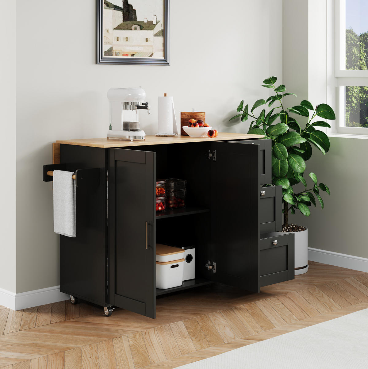KÜCHENWAGEN 135/44(70)/90 cm in Schwarz/Natur mit Klappplatte und 3 Schubladen - Schwarz, Holzwerkstoff (135/90/44cm) - Flora Grace