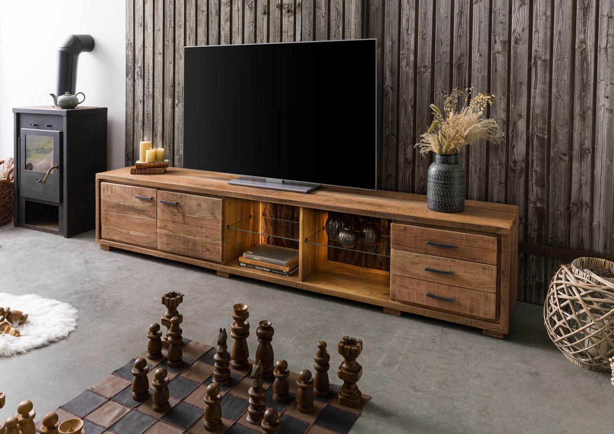 TV-BOARD Akazie 235x40x47 natur lackiert BARK #116 - Naturfarben, Holz (235/47/40cm) - Massivmoebel24