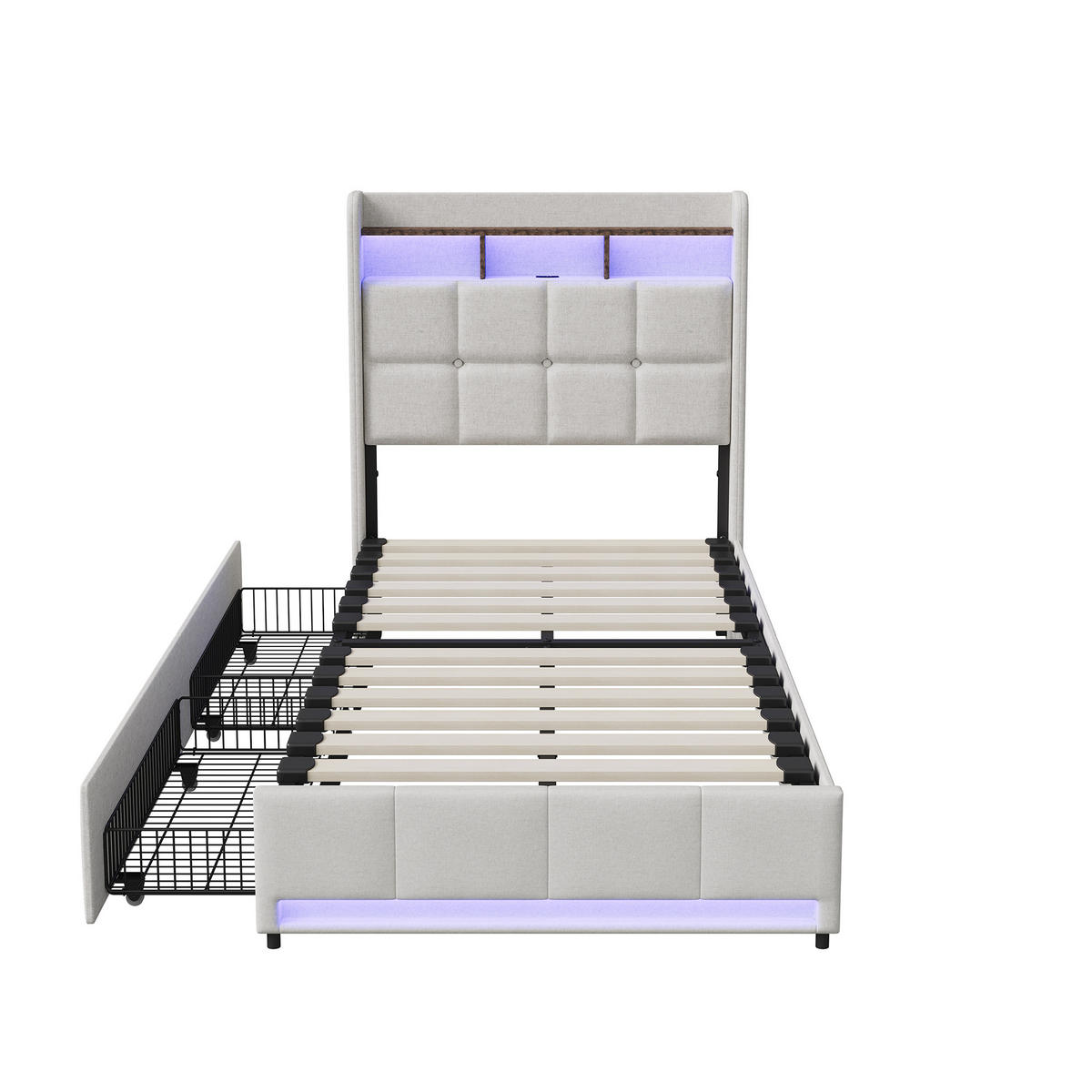 POLSTERBETT 90x200 cm Beige mit LED, 2 Schubladen, Kopfteil mit Ablage und Stauraum - Beige, Metall (90/200cm) - EuroLiving