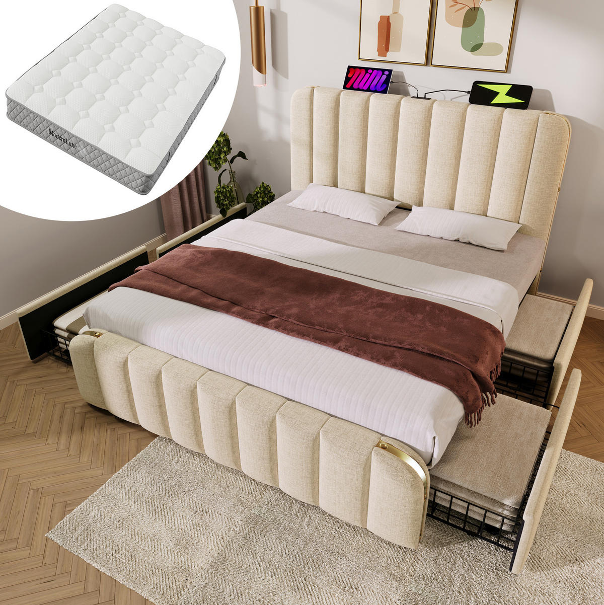 POLSTERBETT 140/200 cm Beige aus Leinen mit 4 Schubladen - Beige, Textil (140/200cm) - OKMYHOME