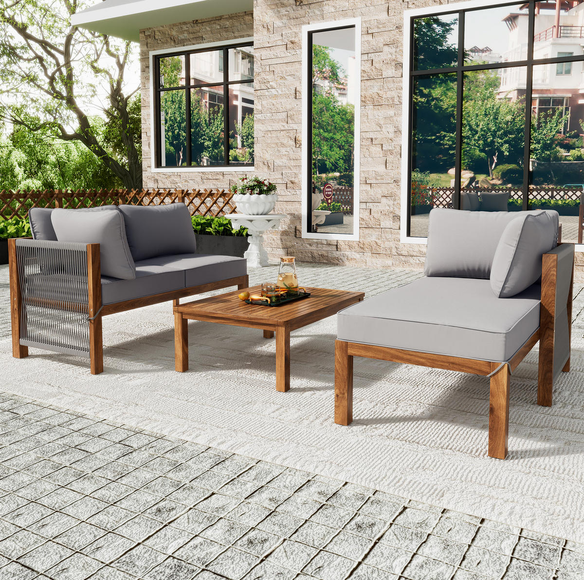 LOUNGEGARNITUR Grau aus Akazienholz 3er Set - Grau, Holz - OKMYHOME