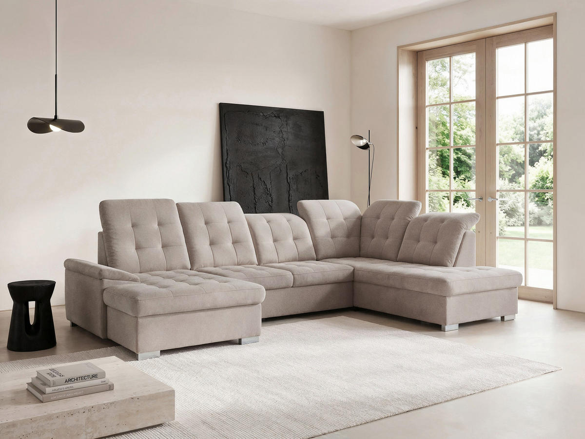 WOHNLANDSCHAFT ANON Ottomane Rechts, mit Schlaffunktion und Bettkasten, Beige - Beige, Kunststoff/Textil (322/87/220cm) - Idohome