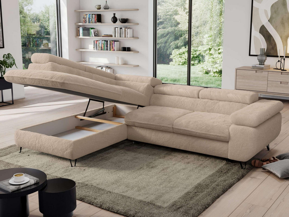 ECKSOFA PEDRO L Beige Plüsch - Links Seite - Beige/Schwarz, Textil/Metall (208/273cm) - MKS