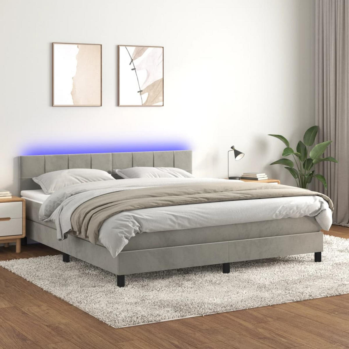 BOXSPRINGBETT MIT MATRATZE & LED HELLGRAU 160X200 CM SAMT - Hellgrau, Holz/Textil - vidaXL