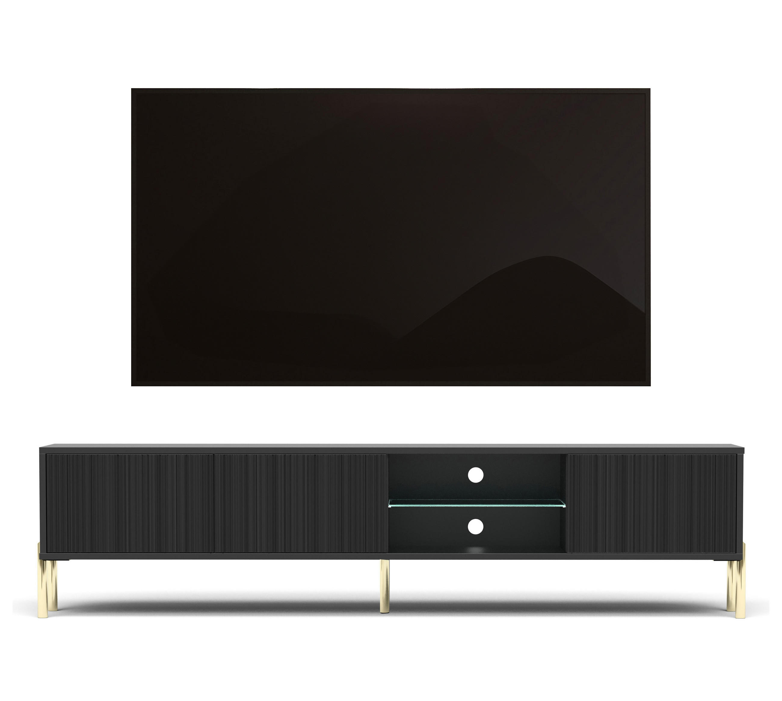 LOWBOARD Benvie 3T Schwarz 175/47/31.6 cm – mit goldenen Beinen, offener Ablage und Kabeldurchlass - Goldfarben/Schwarz, Holzwerkstoff (175/47/31.6cm) - AX Living