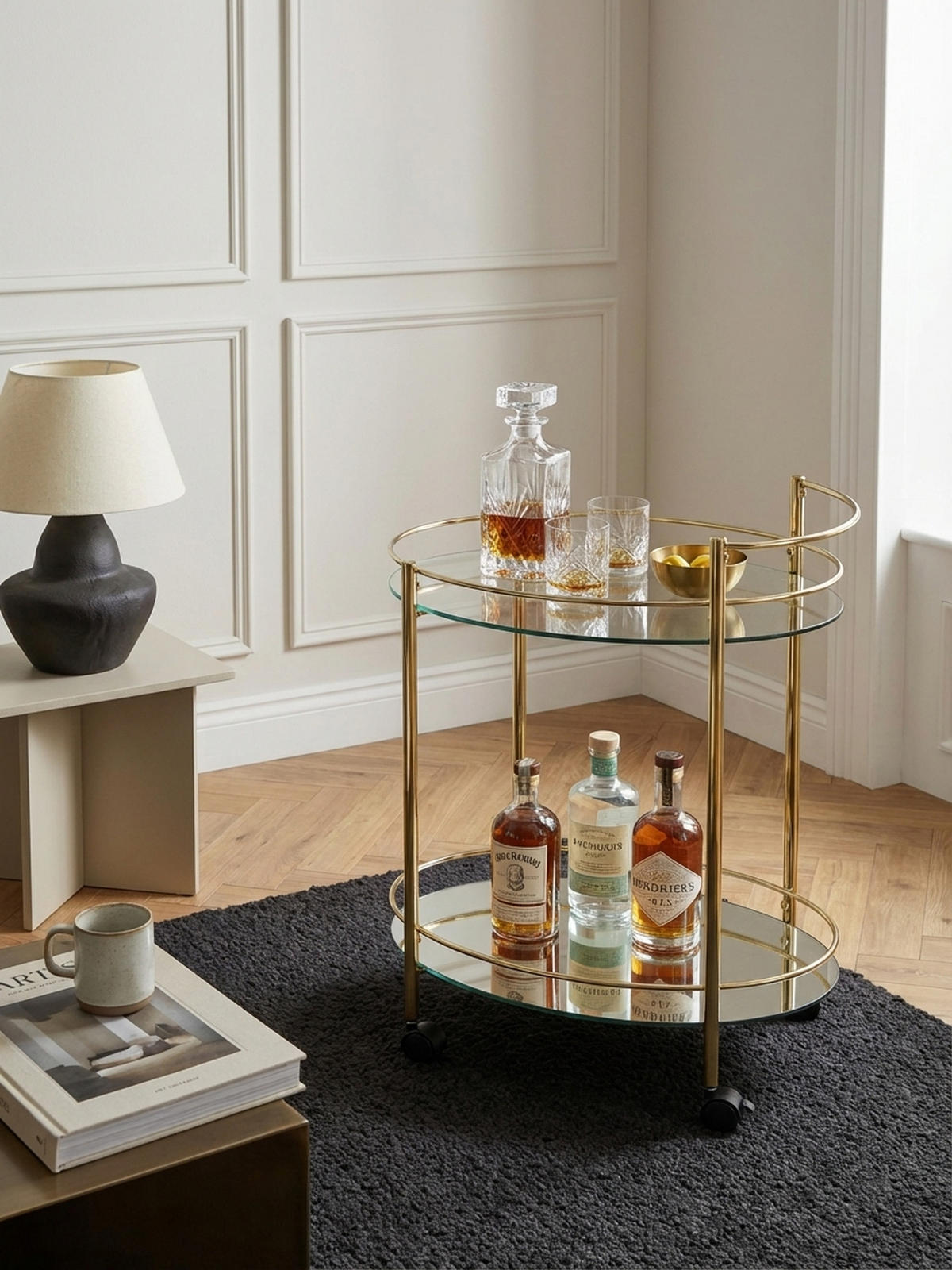 SERVIERWAGEN – Gold, 2 Glasplatten, auf Rollen - Goldfarben, Glas/Metall (67/79/46cm) - KADIMA DESIGN