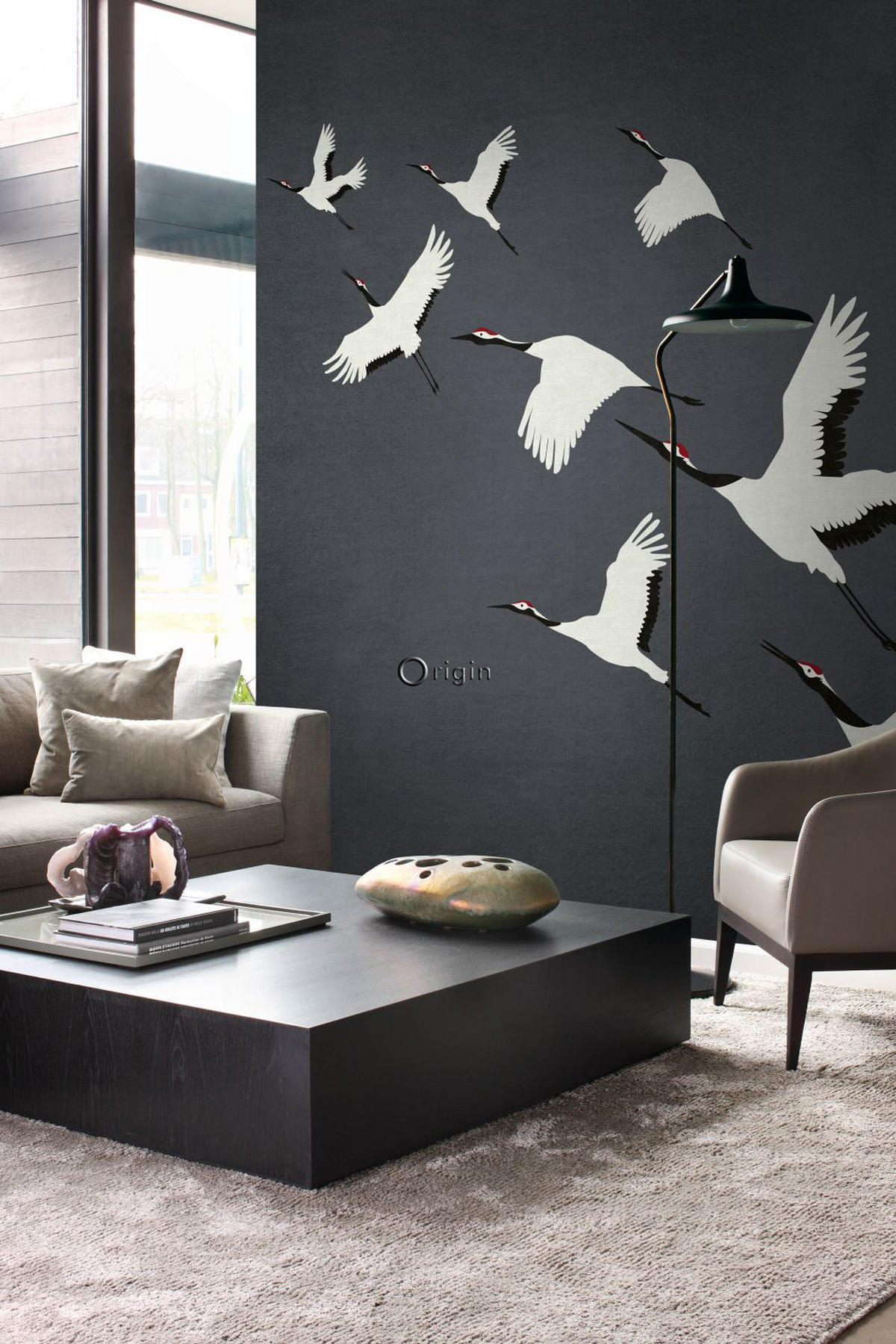 FOTOTAPETE Kraniche 300 x 300 cm - Grau, Papier (300/300cm) - Origin Wallcoverings