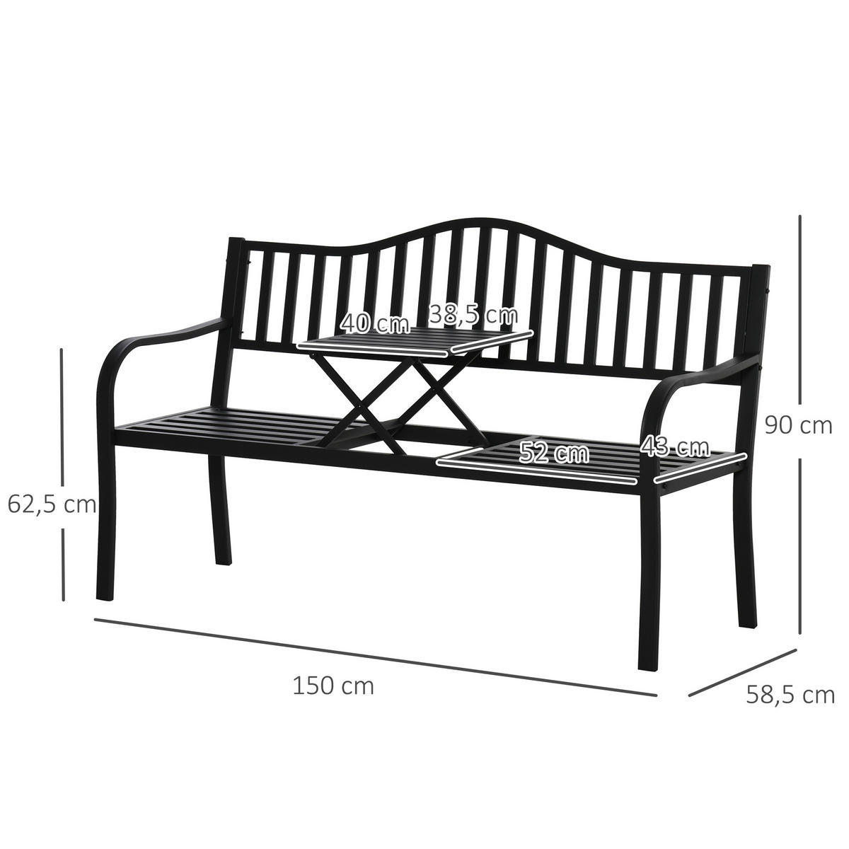 GARTENBANK mit ausziehbarem Tisch, 150 x 58,5 x 90 cm, Metall, Schwarz - Schwarz, Metall (150/90/58.5cm) - Outsunny