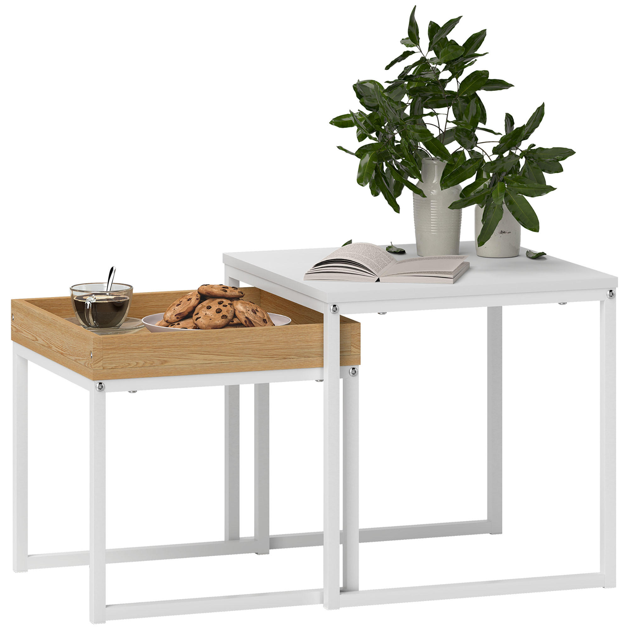 COUCHTISCH, 2er-Set, bis 30 kg Belastbar, Weiß+Eiche - Weiß, Metall (45/45/45cm) - HOMCOM