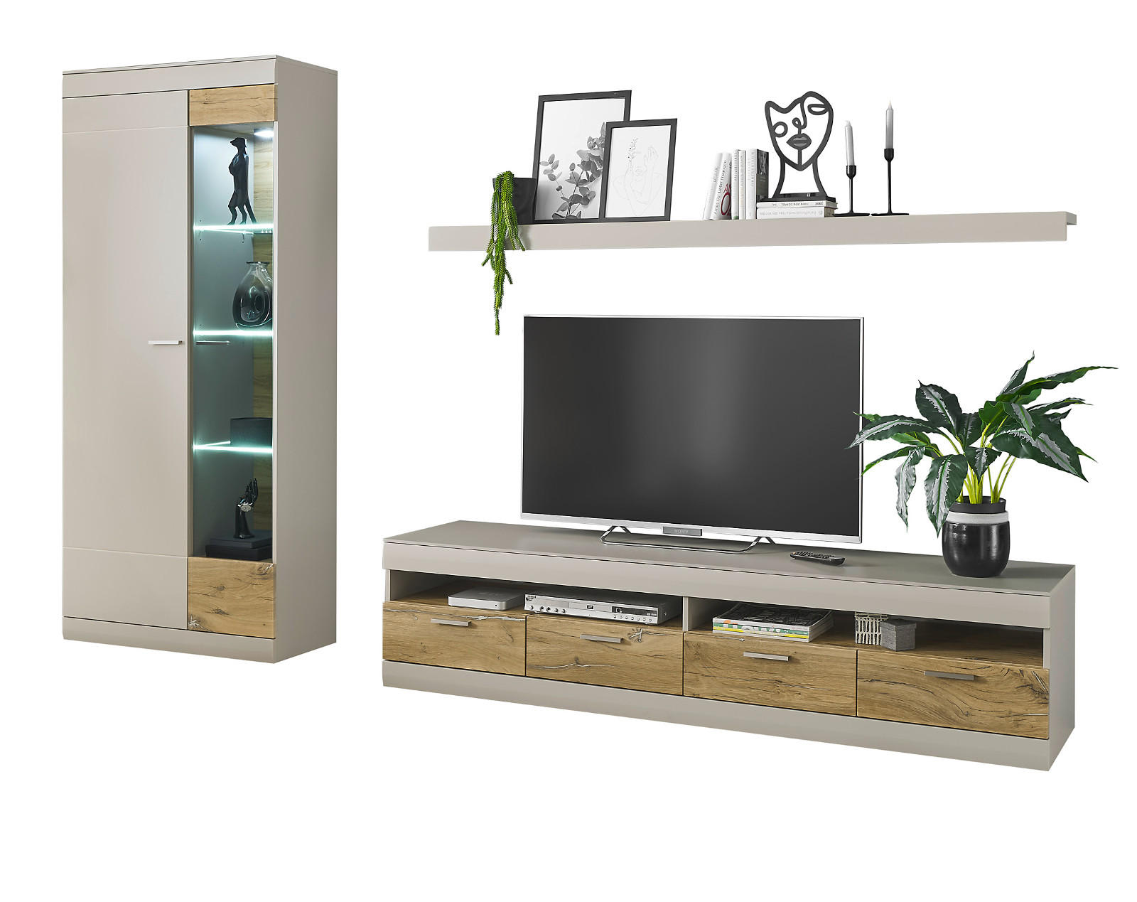 WOHNWAND grau matt, Zinneiche 3-teilig 300 cm, Wohnkombination mit Soft-Close - Eichefarben/Silberfarben, Glas/Holzwerkstoff (300/199/45cm) - Furn.Design