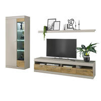 WOHNWAND grau matt, Zinneiche 3-teilig 300 cm, Wohnkombination mit Soft-Close - Eichefarben/Silberfarben, Glas/Holzwerkstoff (300/199/45cm) - Furn.Design