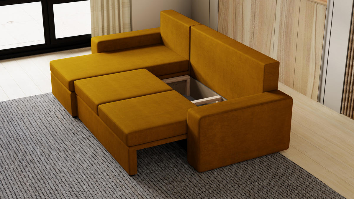 ECKSOFA Paco mit Bettkasten und Schlaffunktion, L-Form/XL-Form, Velourstoff, Universal - Currygelb, Holzwerkstoff (246/145cm) - 4ALL HOME