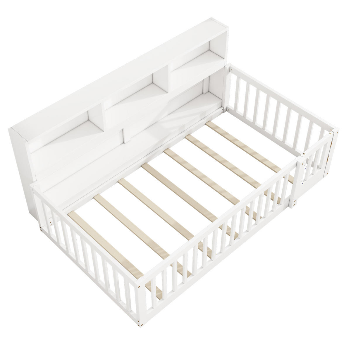 KINDERBETT Kindereinzelbetten 90/200 cm mit Lattenrost, Sicherheitsgeländer und seitlichen Ablagefächern aus Kiefer und MDF, Weiß - Weiß, Holzwerkstoff (90/200cm) - Redom