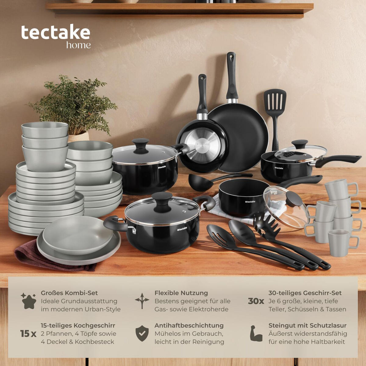 KÜCHENSTARTERSET Una/Varese, inklusive 5 Küchenwerkzeugen, grau/schwarz - Schwarz/Grau, Keramik (26/4.8/45.5cm) - tectake