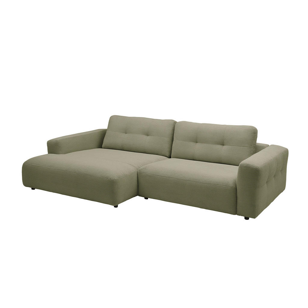 Thumbnail - Kawola Ecksofa, Olivgrün, Schwarz, Textil, Echtholz, 3-Sitzer, Füllung: Kaltschaum, Ottomane links, L-Form, 276x167 cm, ...