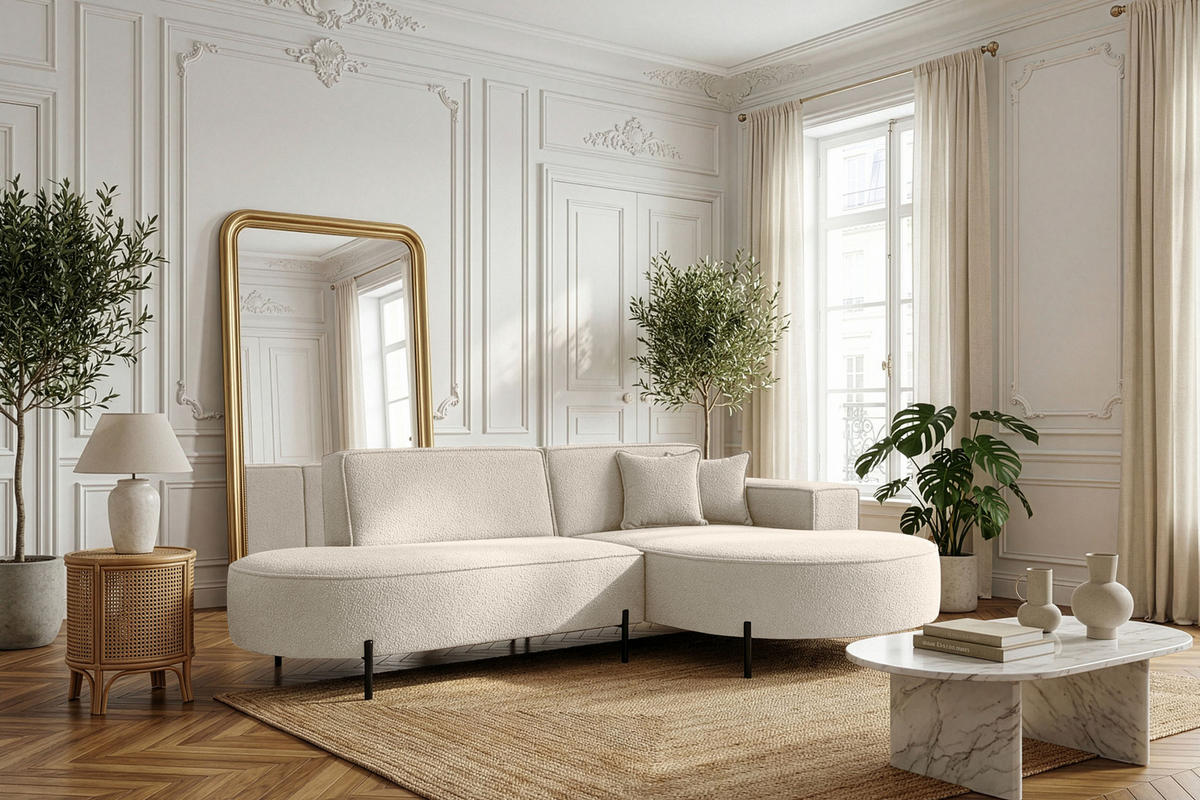 ECKSOFA Hana Loft 3-Sitzer Ecke Rechts, Boucle, Creme 241/80/168 cm - Schwarz/Weiß, Textil/Metall (241/168cm) - WFL GROUP