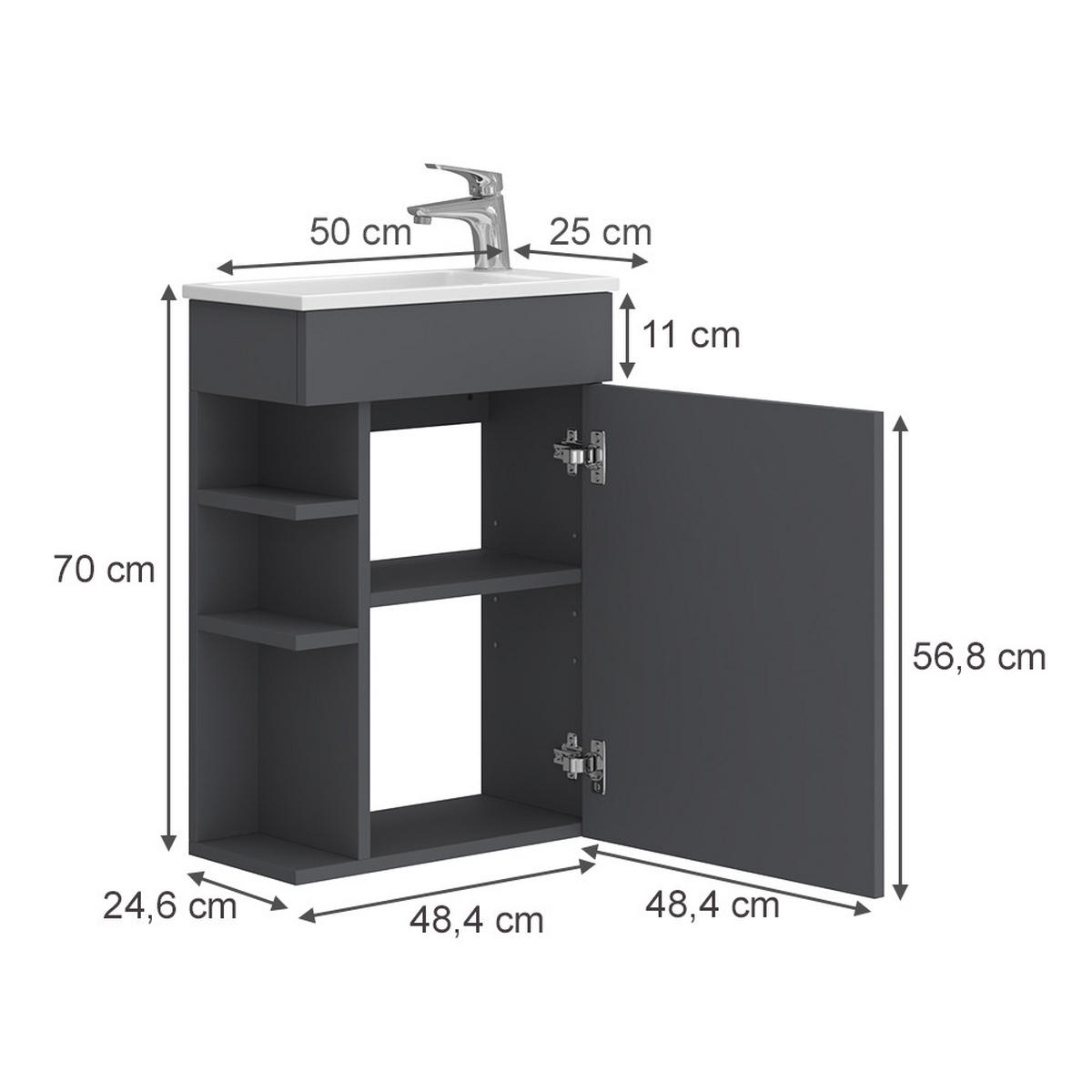 WASCHTISCHKOMBI Amadeo, Anthrazit/Weiß, 2 Teile, mit Waschbecken - Anthrazit, Holzwerkstoff (50/70/25cm) - Vicco