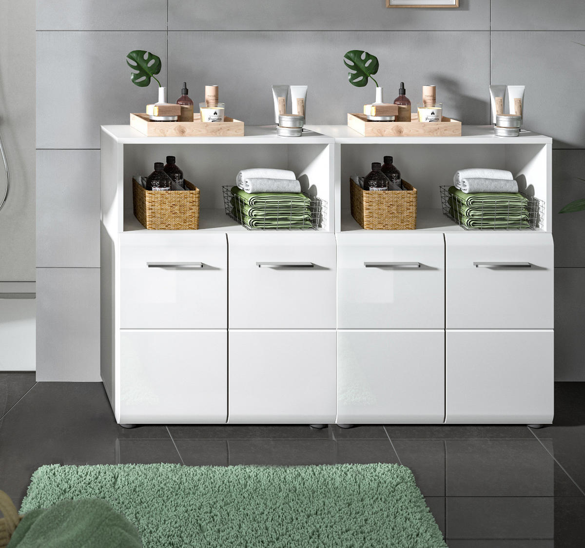 BADOMMODE weiß Hochglanz 120 x 106 cm, 2x Badezimmer Kommode - Weiß Hochglanz/Silberfarben, Holzwerkstoff/Kunststoff (120/80/30cm) - Inn.Furn