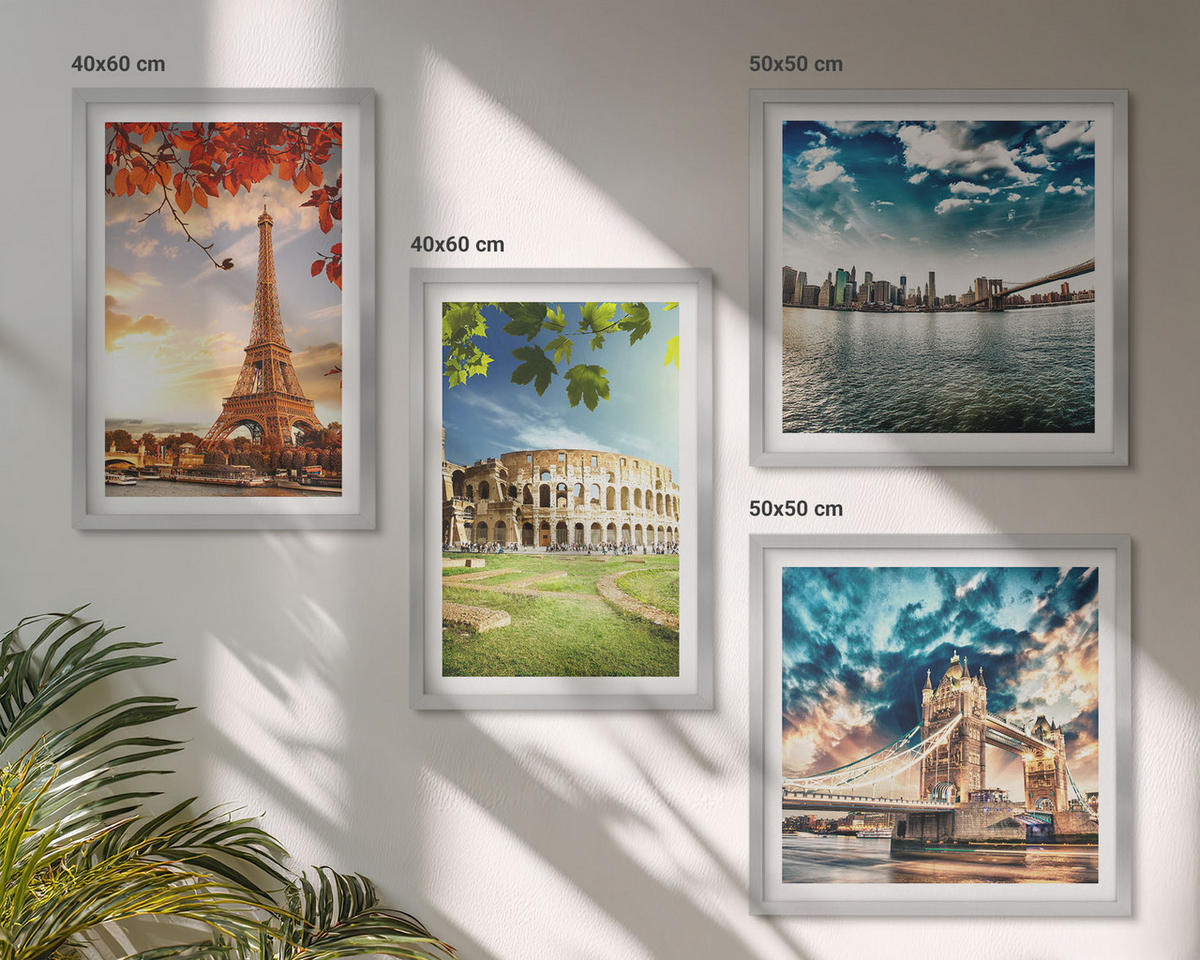 BILDER SET 4er Set - 50x50 cm & 40x60 cm Silberner Rahmen - Denkmäler Europas in warmen Farben - Silberfarben, Kunststoff (50/50cm) - TULUP