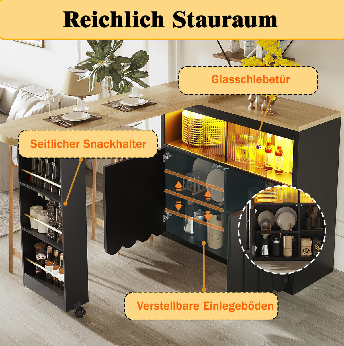 AUSZIEHBARER Bartisch mit LED & Stauraum, 135-205/39/100 cm, Schwarz, mit USB-Anschluss - Schwarz, Holzwerkstoff (39/100/135cm) - Redom
