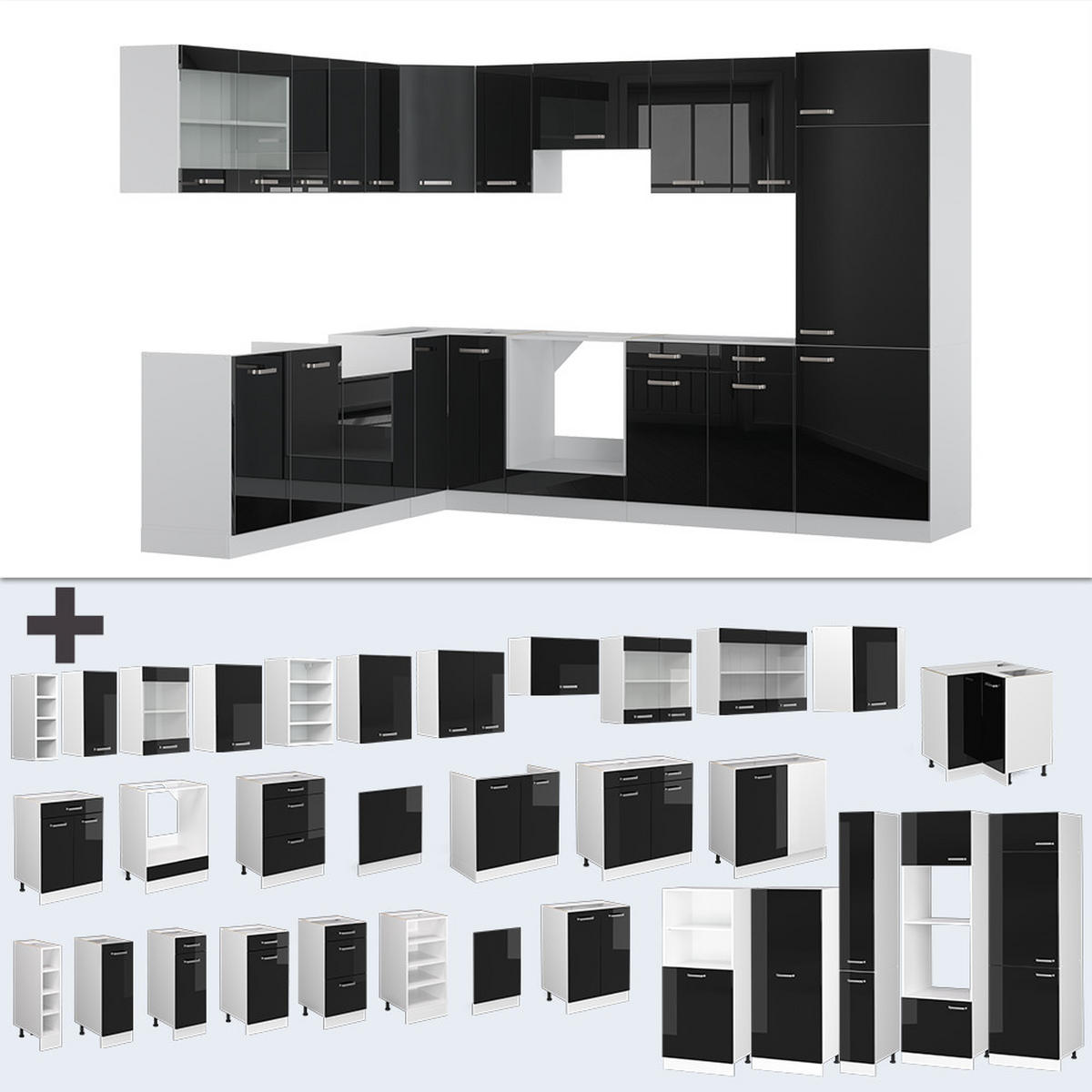 ECKKÜCHE R-Line Schwarz Hochglanz/Weiß 227 x 287 cm, AP Eiche - Schwarz Hochglanz/Weiß, Holzwerkstoff (287/81.6/60cm) - Vicco