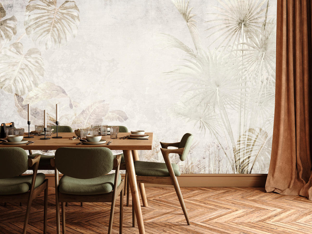 FOTOTAPETE für Wohnzimmer Tropisch Vintage Palmenblätter Beton 500x350 - Beige/Creme, Papier (500/350cm) - Muralo