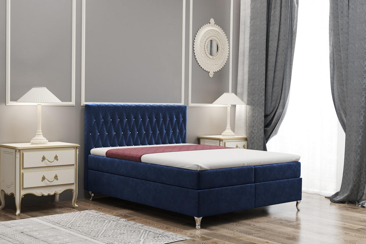 BOXBETT Mit Bettkasten Und Matratze KATE Stoff Riviera Blau 200x200 cm H3-Bonell - Blau, Holz/Textil (200/200cm) - Kaiser Möbel
