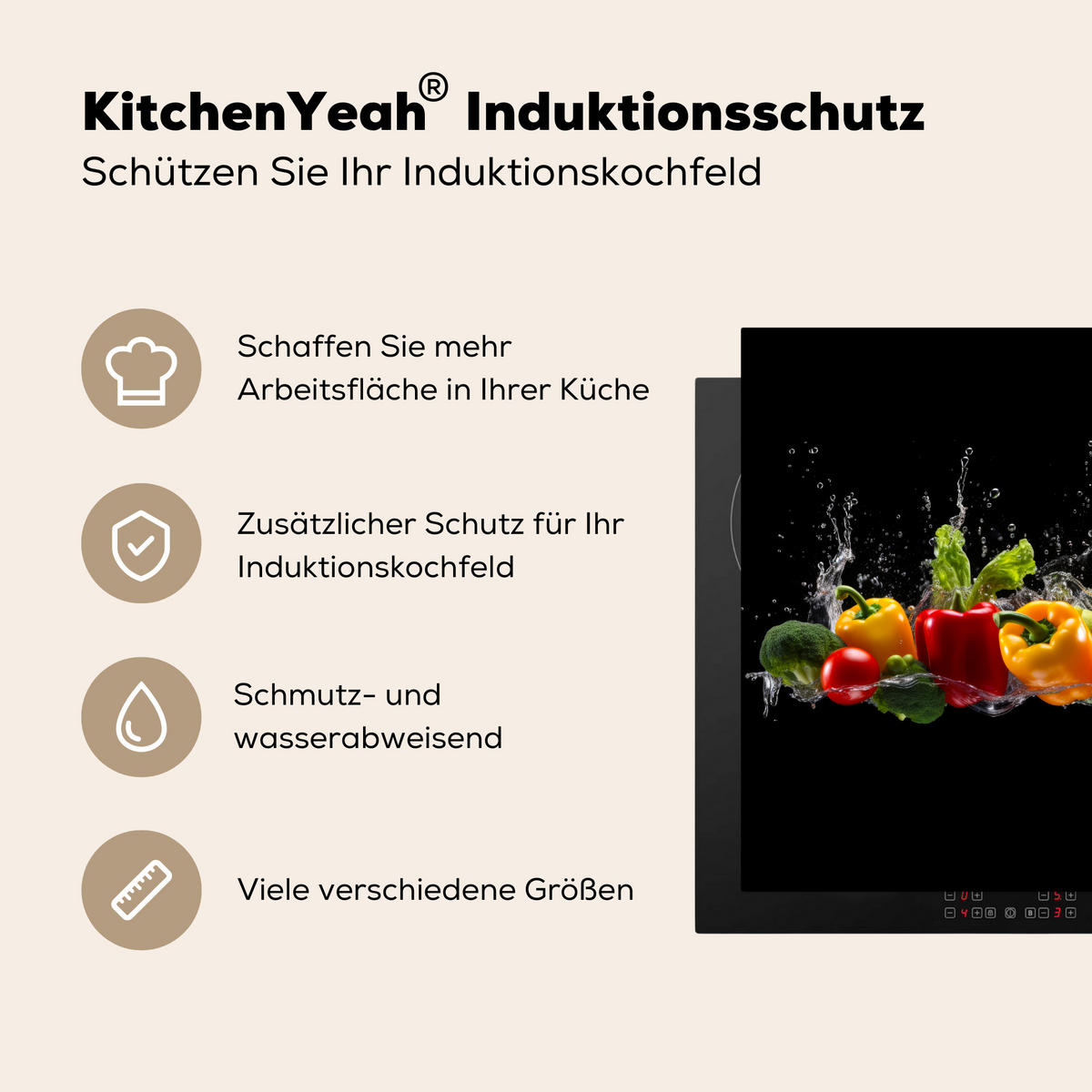 HERDABDECKPLATTE Paprika - Wasser - Gemüse - Schwarz Induktionsmatte 78x78 cm - Multicolor, Kunststoff (78/78/0.2cm) - MuchoWow