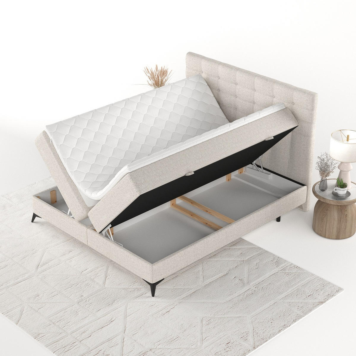 BOXBETT Niro 200/200 cm Hellbeig im Riva Stoff - Beige/Schwarz, Holz/Holzwerkstoff (200/200cm) - AltaBeds