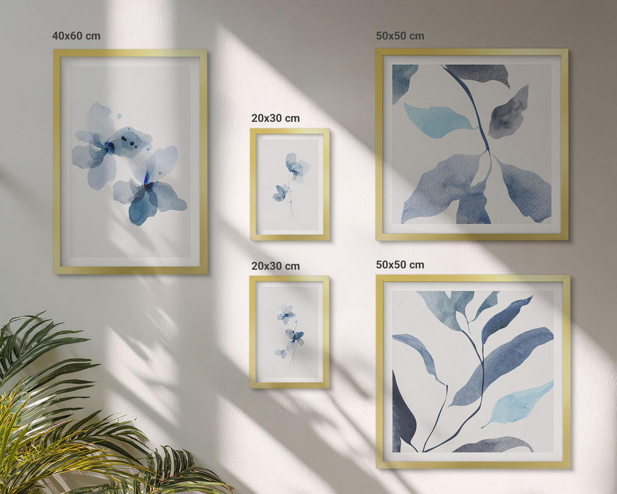 BILDER SET 5er Set - 50x50 cm & 20x30 cm & 40x60 cm Goldrahmen - Minimalistische blaue Blumen - Goldfarben, Kunststoff (40/60cm) - TULUP