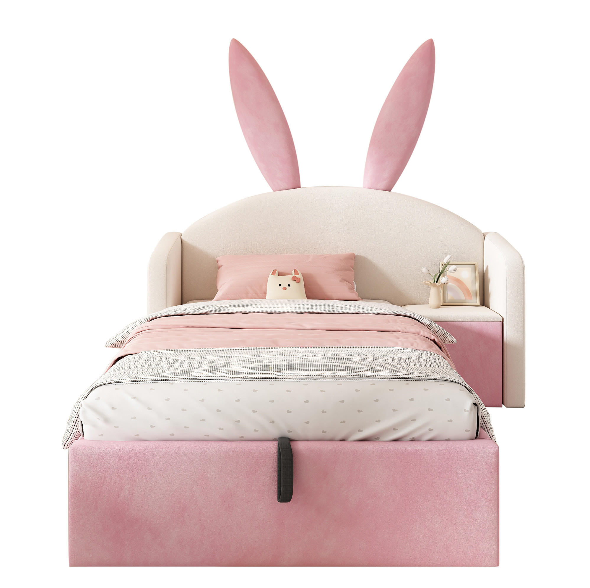 POLSTERBETT 90/200 cm mit hydraulischem Stauraum und links/rechts montierbarem Nachttisch, Hasenohren-Design, Beige & Rosa - Beige, Textil (140/200cm) - Redom