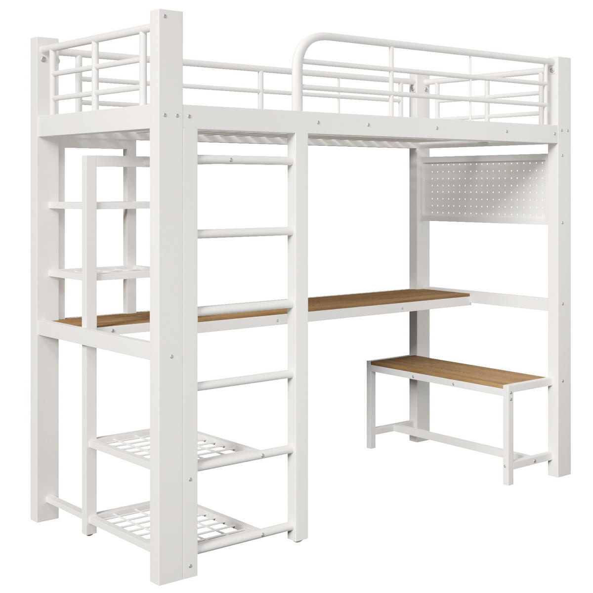 HOCHBETT 90x200 cm in Weiß mit Schreibtisch, LED-Beleuchtung und Stauraum - Weiß, Metall (90/200cm) - IVMEU