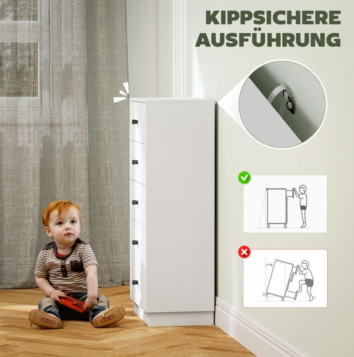 KOMMODE 47/29/95 cm mit 5 Schubladen und Anti-Kipp-Schutz, Weiß - Weiß, Holz (47/95/29cm) - Redom