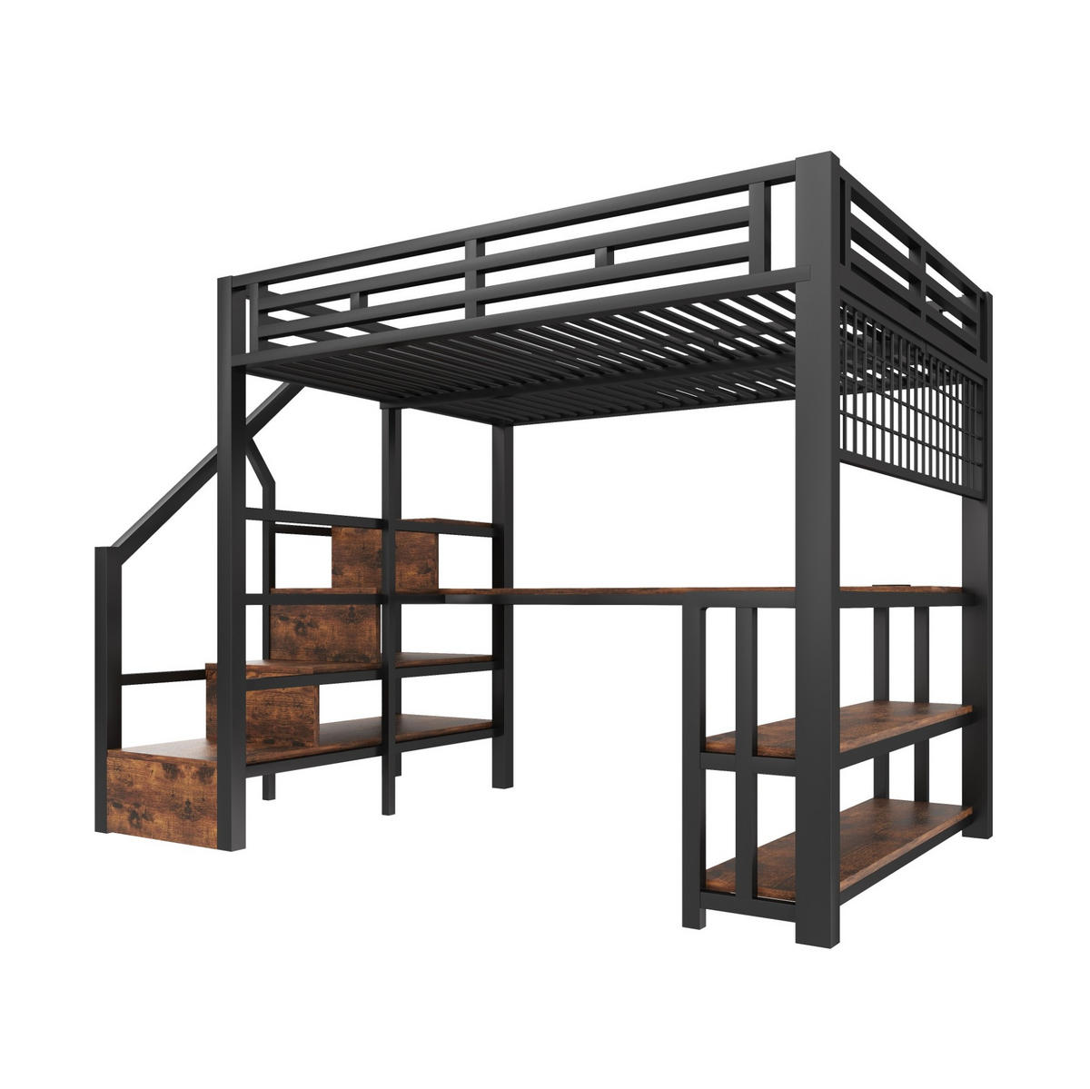 VYSOKÁ posteľ 140/200 cm čierna z kovu a MDF s písacím stolom LED osvetlením a úložnými schodmi - čierna, kov (140/200cm) - OKWISH