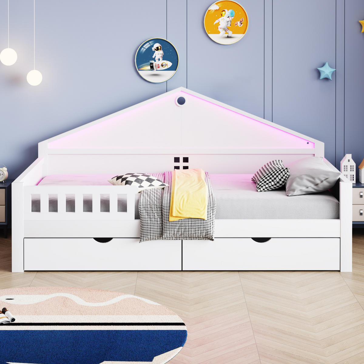 KINDERBETT 90/200 cm in Weiß mit LED-Beleuchtung und 2 Schubladen - Weiß, Holz (90/200cm) - Flora Grace