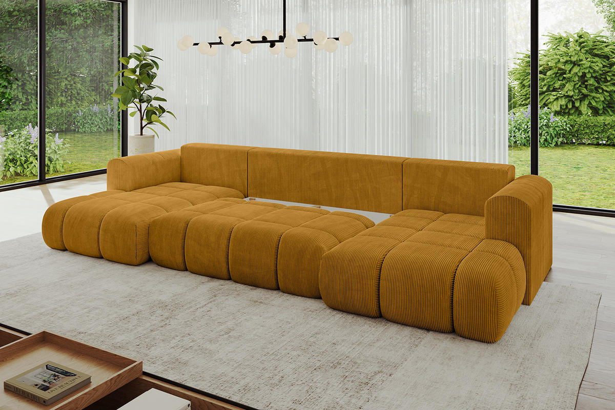 WOHNLANDSCHAFT Ottomane Links CLOUD-U 414x180x40 Senfgelb Cord - Currygelb, Holzwerkstoff/Kunststoff (414/90/180cm) - ALTDECOR