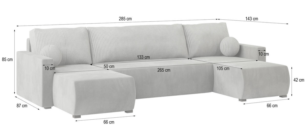 WOHNLANDSCHAFT TESSUN Hellgrau Plüsch-Stoff mit Schlaffunktion - Hellgrau, Holz (286/85/143cm) - MASSENO