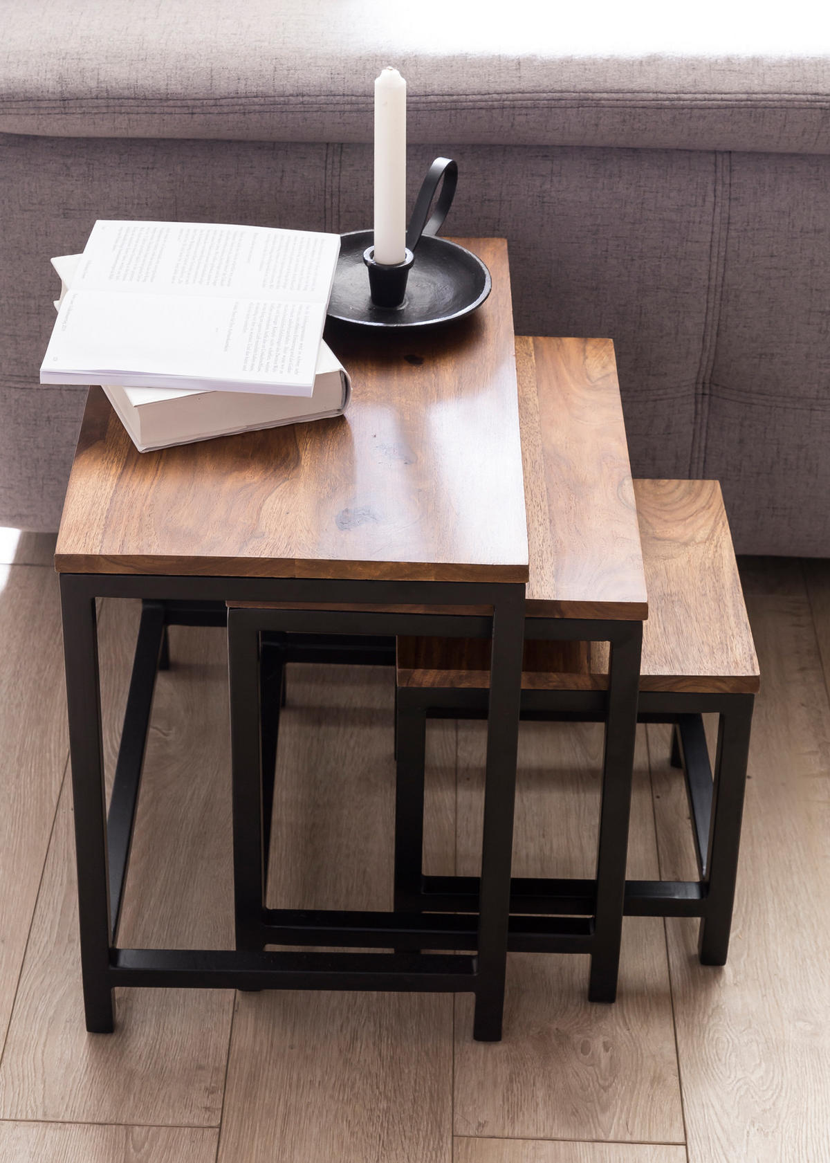 BEISTELLTISCH Set – 3-teilig Massivholz Metallbeine handgefertigt - Schwarz/Braun, Holz/Metall (30/45/45cm) - KADIMA DESIGN