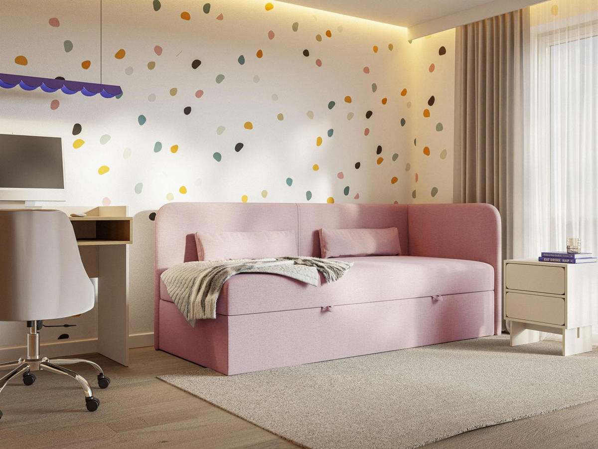 JUGENDBETT Calmmo Rosa mit Chenille-Bezug, Kopfteil rechts - Pink, Textil (90/200cm) - Selsey