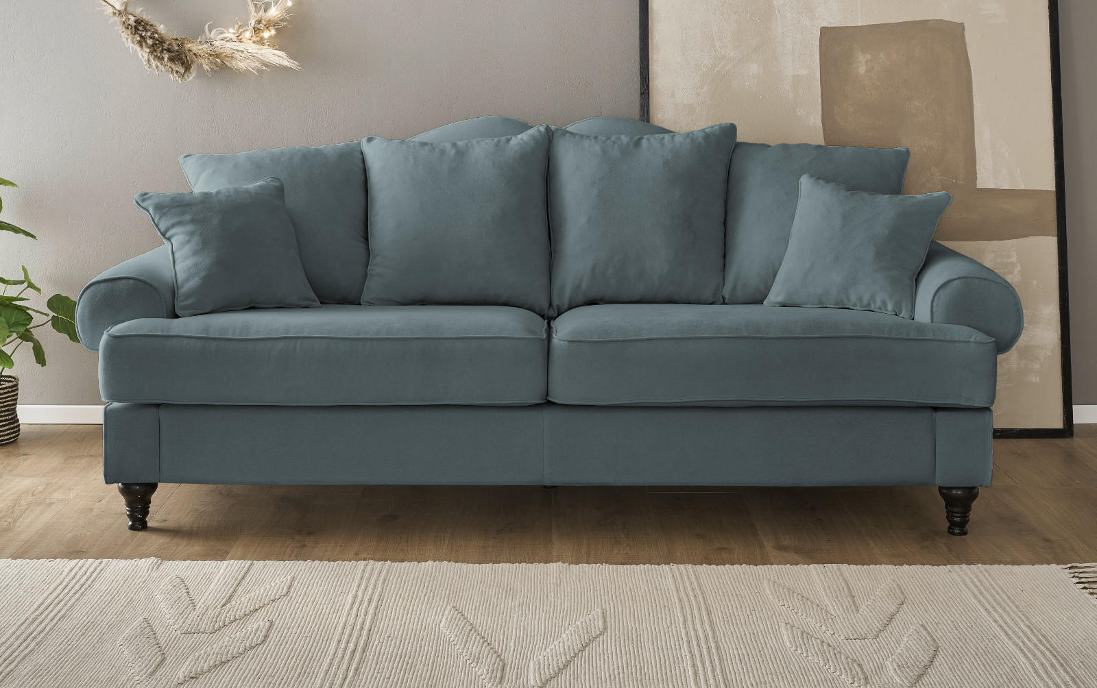 SOFA grau Landhaus, Couch 3,5-Sitzer 230 cm - Grau, Holz/Textil (230/95/100cm) - Furn.Design
