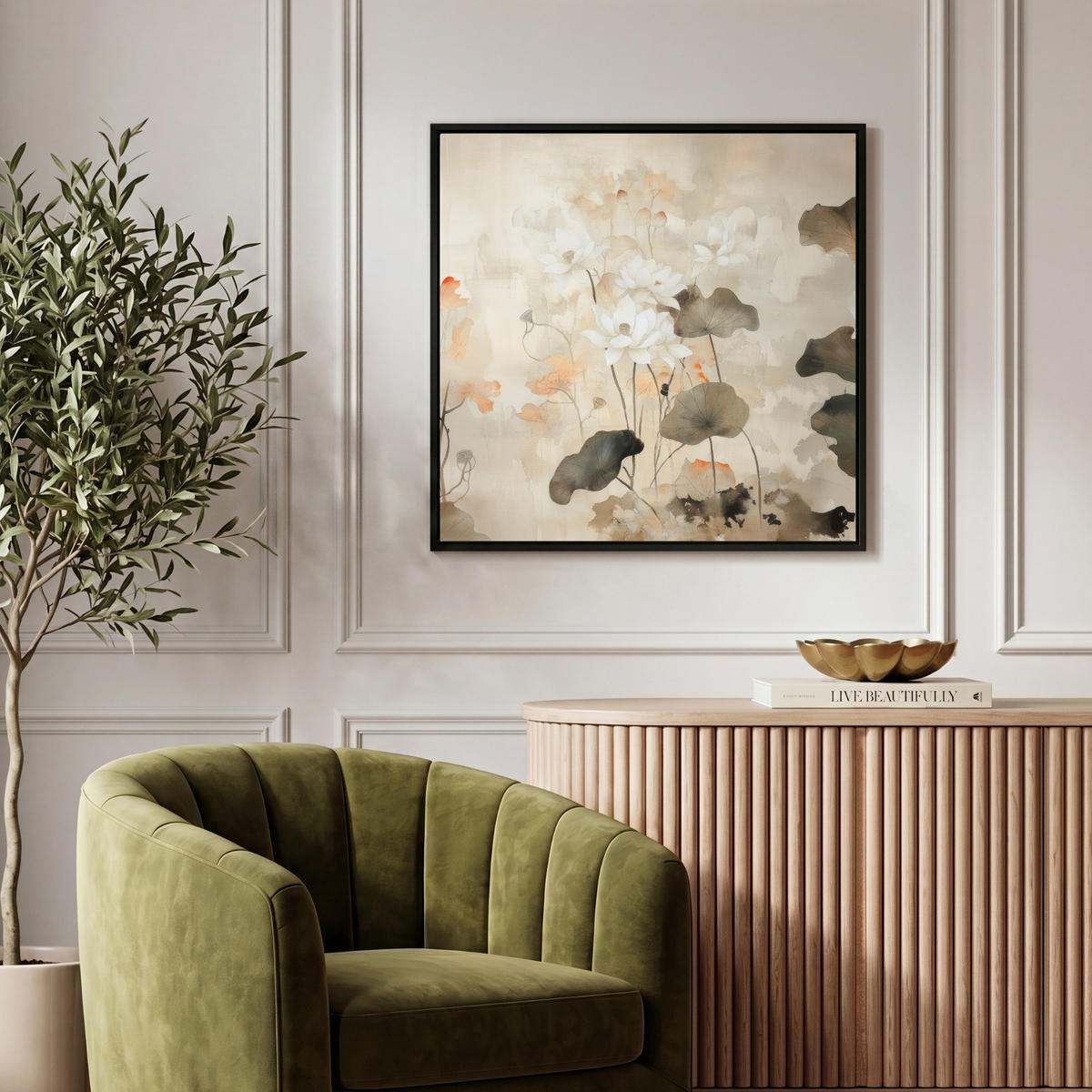 LEINWAND Bilder mit Rahmen - Blumen - Japandi - Wabi sabi - 50x50 - Sandfarben, Textil (50/50cm) - MuchoWow