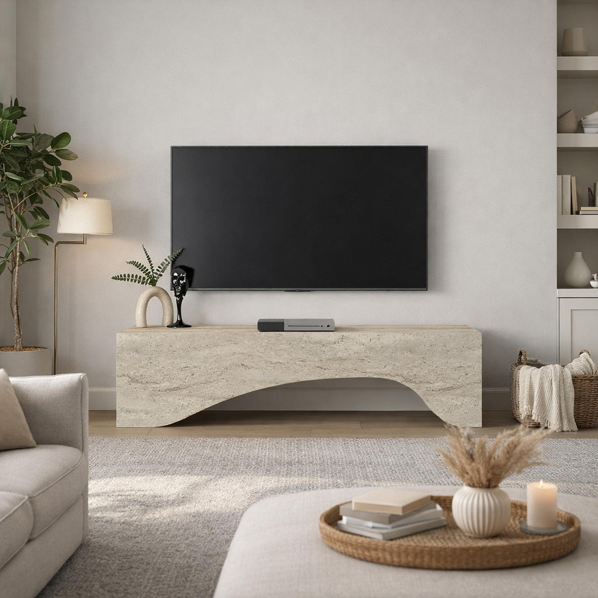 MOEBEL17 TV Lowboard 150 cm Travertin Optik – Modernes Lowboard TV Schrank – TV Board Wohnzimmer – Fernsehtisch Steinoptik – TV Möbel Sideboard Modern - Beige, Holzwerkstoff (158/45/9cm) - moebel17