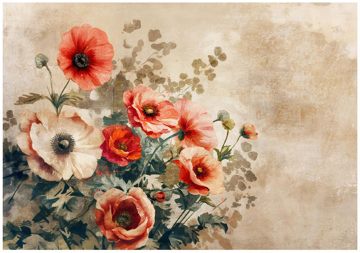 FOTOTAPETE Blumen Vintage Betonwand Schlafzimmer 350x250 - Multicolor, Papier (350/250cm) - Wallarena