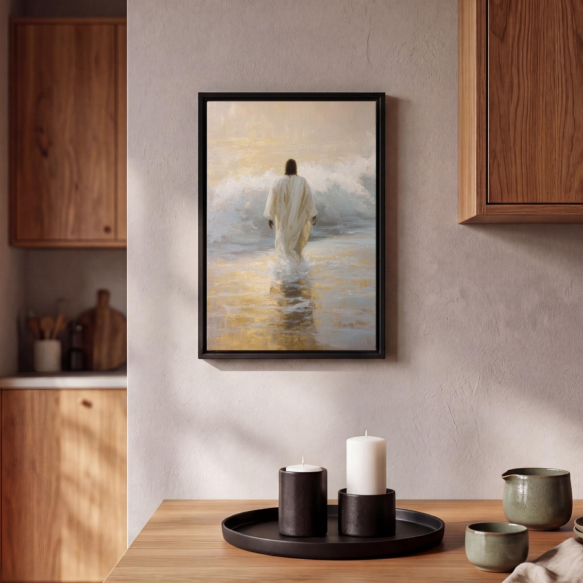 LEINWAND Bilder mit Rahmen - Gemälde - Welle - Jesus - Abstrakt - 20x30 - Goldfarben, Textil (20/30cm) - MuchoWow