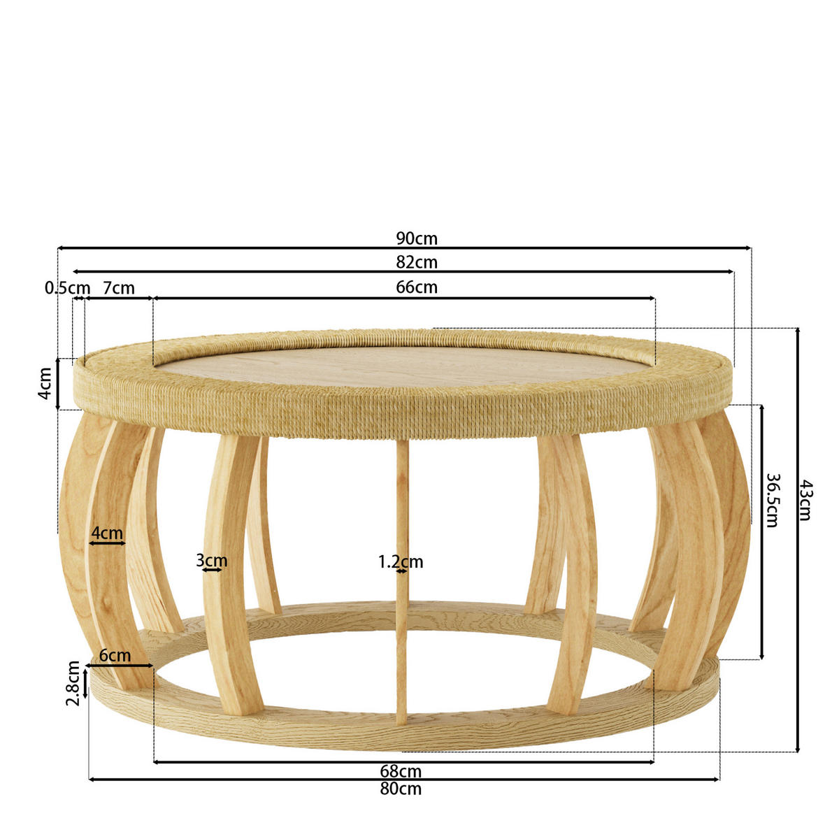 COUCHTISCH 90/90/43 cm mit runder Tischplatte und geschwungenen Beinen, Natur - Naturfarben, Holzwerkstoff (90/90/43cm) - Modfu
