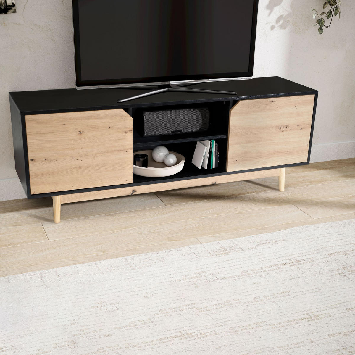 TV-LOWBOARD mit Eiche-Dekor, 2 Türen, modern, Schwarz-Beige 150x40x55 cm - Eichefarben/Schwarz, Holz (150/55/40cm) - KADIMA DESIGN
