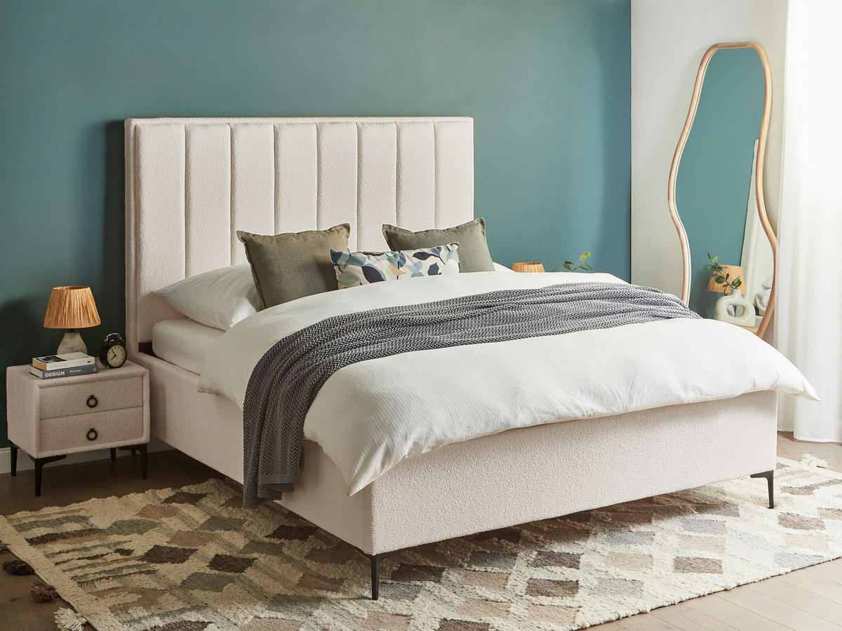 SPALNI KOMPLET bouclé kremasto bela 160/200 cm Sezanne - krem, tekstil (160/200cm) - Beliani
