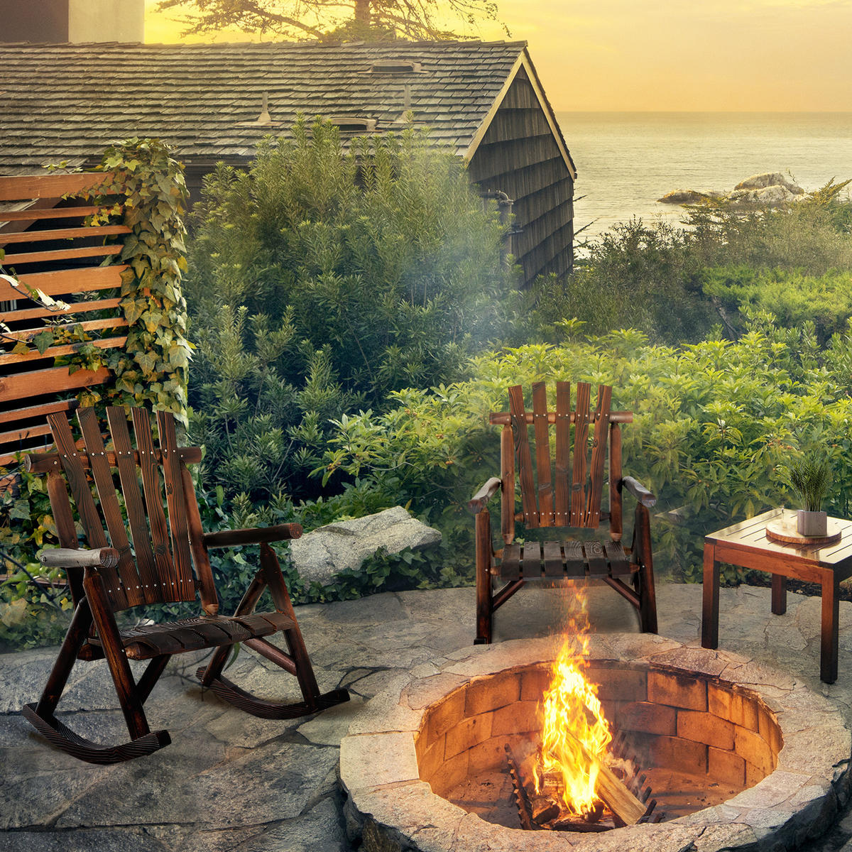 SCHAUKELSTUHL mit Armlehne, Wetterfest, Massivholz Verkohlt, 97 x 69 x 93cm - Braun, Holz (69/93/97cm) - Outsunny